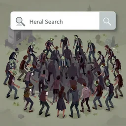 a search and find illustration of a zombie horde and surrounded survivors of a zombie apocalypse, isometric view, digital art, illustration