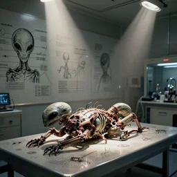 alien species autopsy in a cleanroom covered in alien diagrams