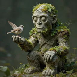 ancient stone golem covered in plants holding a delicate bird on its hand, art by anton fadeev