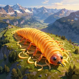 matte painting of beautiful mountain landscape in northern switzerland with giant spaghetti moster in the center, by albert whitlock, amazing details, beautiful composition, vibrant colors, bird eye view, luminescent, warm hue's