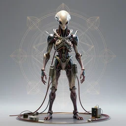 a centered render of an alien bio - organic creature adorned with cables and synthesizer parts is surrounded by sacred geometry, full body, gorgeous face, perfect face, powerful, cinematic, beautifully lit, by artgerm, by karol bak, 3 d, trending on artstation, octane render, 8 k