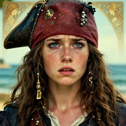 close - up on face of teenage freckled mediterranean pirate girl, seaside backgroud, face of anxiety and worry, leather armor, young adult fantasy novel cover, intricate, elegant, well composed, highly detailed, art by chengwei pan and viktoria gavrilenko and artgerm and greg rutkowski and alphonse mucha, trending on artstation