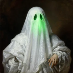 a baroque portrait of a glowing green cartoon halloween ghost wearing a white liquid sheet. renaissance portrait. highly detailed science fiction horror painting by norman rockwell, frank frazetta, and syd mead. rich colors, high contrast, gloomy, dark background. artstation