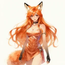 character design portrait of a beatiful anthropomorphic furry fox woman with fox ears, long orange hair, wearing a hot dress, looking at the camera, 4 k, concept art, by wlop, wenjun lin, watercolor, ilya kuvshinov, artgerm, krenz cushart, pixiv.