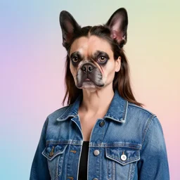 full head photo portrait of a cute french lady made of jeans jacket, medium shot, super realistic, crisp details, sharp, detailed, intricate, volumetric lights, cinematic, pastel gradient background, shot with hasselblad, octane render