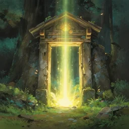a portal in ruins, glowing with its final power. in a landscape like forest. in the style of studio ghibli