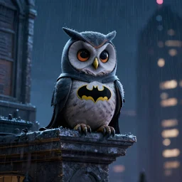 an owl in a batman costume sitting on the edge of a buliding at night raining, high quality render, unreal engine