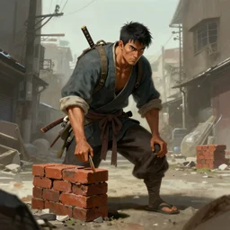 a samurai bricklayer in a ghetto, fantasy art, in the style of greg rutkowski