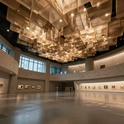 interior of a hallroom of museum with amazing ambient and 3 d layered mesh ceiling with reflection in floors