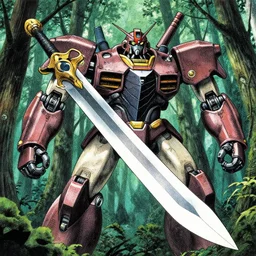 grainy risograph, huge floating sword against huge robot machine with three heads, close - up, matte colors, in the dense forest, highly detailed, artstation, intricate - detailed, by moebius, jack gaughan, lehr paul, manga 2 0 0 0