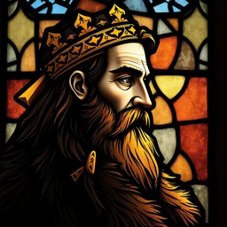 gothic stained glass window, detailed side - view portrait of a confident man, long hair, full beard, golden headband, fur coat, masterful, backlit