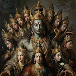 a beautiful cinematic masterpiece gothic headshot portrait of majestic colossal hindu asura demon god ravan with hundred heads, from ramayan, symmetric centered portrait, by sandro botticelli, by by artemisia gentileschi, by wayne barlowe, by bruce pennington, by greg rutkowski, by oil on canvas, trending on artstation, brilliant diffused studio lighting, sharp, hyper - detailed, cinematic composition, no frames, hd, 8 k