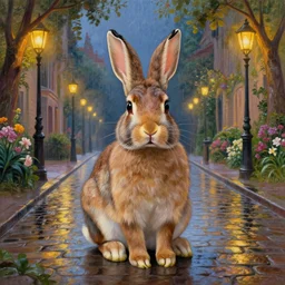 a beautiful painting of a rabbit, centered, looking into the camera, on a street paved with wet cobblestones and warm streetlights in a magical art nouveau city with many flowers and trees, raining, highly detailed, smooth, sharp focus, intricate, fantasy, trending on artstation, elegant, detailed rabbit in the middle, by Thomas Kinkade