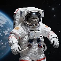 A photo of a grey chubby Scottish fold in an astronaut suit doing a spacewalk in space, highly detailed, award winning, 4k