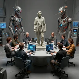 a group of people sitting around a table in a room, michael joseph winkelmann statue in the center of table, cords attached to computer machines, cyberpunk art by rube goldberg, cgsociety, beeple, computer art, dystopian art, reimagined by industrial light and magic, concept art