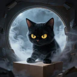 schrodinger's black cat plans its revenge, angry, inside its box, looking at us from a porthole, waporware, raytracing, dreamy, sharp focus, cinematic lighting, highly detailed, artstation, divine, by kazuya takahashi
