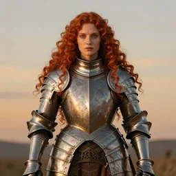 Symmetrical knight of symmetry. Thick Stocky red-haired holy woman with long curly symmetrical red hair. Plate armor.  Art by William-Adolphe Bouguereau. During golden hour. Extremely detailed. Beautiful. 4K. Award winning.