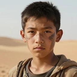 a detailed portrait of a boy with a face tattoo in the desert, fantasy art illustration, incredibly highly detailed and realistic, 8 k, sharp focus