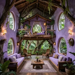 35mm photo of interior of luxurious jungle treehouse, sublime interior design, lavender colors, wall sconces, jungle view, humble, style of Tudor, professional photography, wide perspective, grand composition, concept art, highly detailed, sublime, dramatic, cinematic