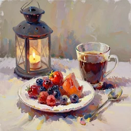 breakfast with berries and coffee, a small candle inside a glass lantern on the side, oil painting, glassware, thick strokes, vibrant, colorful, shiny, bright, reflections, sunlit, subsurface scattering, sharp edges, hazy, field of view