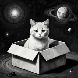 abstract drawing of Schroedinger's cat in a box, the universe on the background, horror, fantasy drawing, high resolution, high contrast, procreate, blue and black colors, artstation contest winner