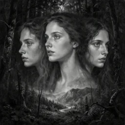 digital and traditional art painting portrait of ethereal plane with forest and mountainside, black and white, small muted hint of colour, high detail, textured, by caestrad, dark background, mystic, perfect lighting, high contrast, arstation, chris cold, artgerm, golden ratio, lightrays