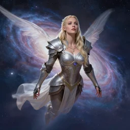 masterpiece concept art, a beautiful highly detailed imogen poots paladin fly near galaxies, extremely emotional, realistic shaded lighting poster by ilya kuvshinov, magali villeneuve, artgerm, jeremy lipkin and michael garmash and rob rey