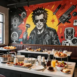 breakfast buffet, punk mural, 1 9 7 0 science fiction movie, cut out