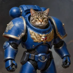 a as cat as a Space Marine from the Warhammer 40k, ultramarine space marine cat, big shoulderpads glorious, cinematic, realistic lighting, masterpiece painting