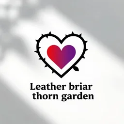 leather briar thorn garden, minimalist vector art logo in black red purple with heart bramble rose thorn motifs. white background.