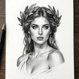 beautiful aphrodite greek goddess with a sexy look wearing a laurel wreath and arrowhead earrings, hyper - realistic tattoo sketch, beautiful piercing eyes with sharp pupils, beautiful blonde hair, in the style of greg rutkowski, fantasy, amazing detail, epic, elegant, smooth, sharp focus
