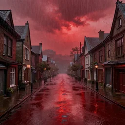 red rain in town, fantasy artwork, very beautiful scenery, hd, hdr, ue 5, ue 6, unreal engine 5, cinematic 4 k wallpaper, 8 k, ultra detailed, by popular digital artist,