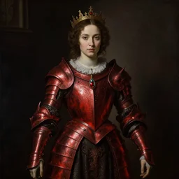 Gothic princess in dark and red dragon armor, Rembrandt painting (1667), highly detailded