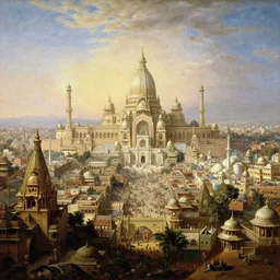 The colossal giga city of Ajodhya capital of Hindu Rashtra, by Canaletto, by Bruce Pennington, by Dean Ellis, by Greg Rutkowski, by oil on canvas, masterpiece, detailed, dynamic, cinematic composition, beautiful lighting, view from ground, trending on artstation, top on pixiv, 8K, award winning, no frames,