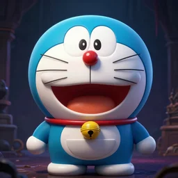 darkest dungeon sinister eery obese round anime robotic blue cat with red nose and big eyes, big open smile, cute, doraemon. by tooth wu, wlop, beeple, dan mumford. octane render, trending on artstation, very coherent symmetrical artwork. cinematic, hyper realism, high