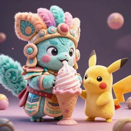 high quality 3 d render hyperrealist very cute pastel fluffy! aztec warrior & quetzalcoatl eating giant ice cream, vray smooth, in the style of detective pikachu, hannah yata, very dramatic light, low angle, uhd 8 k, shallow depth or field