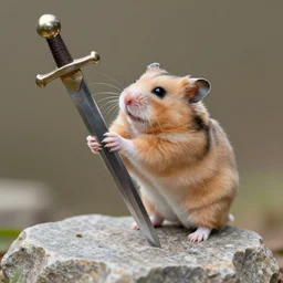 A highly detailed photograph of a roborovski hamster, climbing up a massive sword stuck in a stone