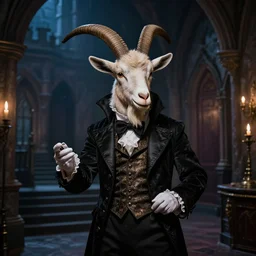 Photo of a goat-headed victorian-style magician in a dimly lit room of a gothic castle