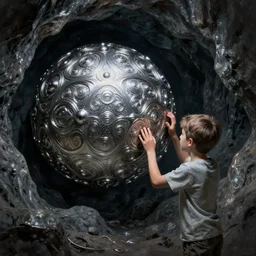 boy discovering steel silver sphere in dark cave, intricate, elegant, highly detailed, digital painting, artstation, concept art, smooth, sharp focus, illustration, giger, daren bader, aleksi briclot