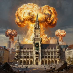 , city of munich!!!, multiple nuclear explosions!!!, rubble, hyperrealistic, highly detailed, cinematic, single ray of golden sunlight, beautiful, cgssociety, artstation, 8 k, oil painting by greg rutkowski, by artgerm, by wlop