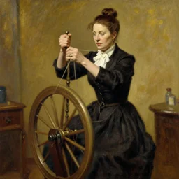 A 50 year old stout Barbra Streisand with hair in a bun is spinning yarn on a spinning wheel, by john singer sargent