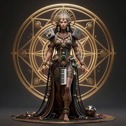 a centered render of an alien mystical tribal goddess adorned with cables and synthesizer parts is surrounded by sacred geometry, full body, gorgeous face, perfect face, powerful, cinematic, beautifully lit, by artgerm, by karol bak, 3 d, trending on artstation, octane render, 8 k
