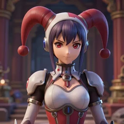 by Yoshitaka Amano, by Ruan Jia, by Conrad Roset, by Good Smile Company, detailed anime 3d render of a female jester assassin, close up, headshot, portrait, cgsociety, artstation, sci fi futuristic costume, mysterious temple setting, octane render