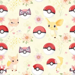 floral pattern of pokeballs and mews for a desktop background