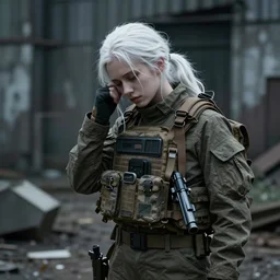 tired girl on Chernobyl, white hair ponytail, multicam uniform, holding a gun, cinematic photography, epic composition