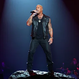dwayne the rock jonson standing on a rock and singing in a rock concert