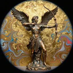 An epic fantastic realism comic book style portrait painting of a distressed bronze archery sculpture from the future by Stanislaw Szukalski, gilded colorful marbled paper background, winged archer, fisheye lens, unreal 5, DAZ, hyperrealistic, octane render, dynamic lighting