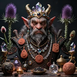 hyper realistic portrait of goblin king, glass beads, clay amulets, magic artifacts, trinkets, cinematic, symmetric, dark crystal, thistle, thyne, poppy seed, artstation, cgsociety, alan lee, brian froud jean baptiste monge, scott radke
