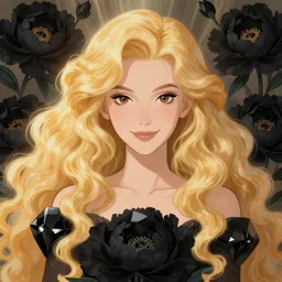 young vampire blond girl, goddess of obsidian diamonds and black peonies, with long curly, golden hair, perfectly proportioned face, brown eyes, sweet smile, strong jawline, natural lighting, path traced, god rays, highly detailed, high quality, cartoon, digital painting, by new haicheng studio ghibli and riccardo federici and alphonse mucha