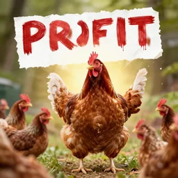 a chicken celebrating a huge profit on the stock market